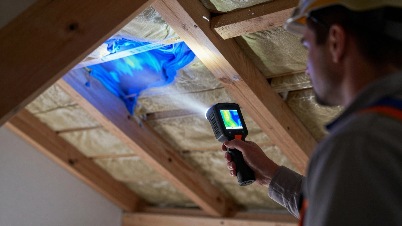 A home inspector using a thermal imaging camera to find insulation gaps in a modern attic.