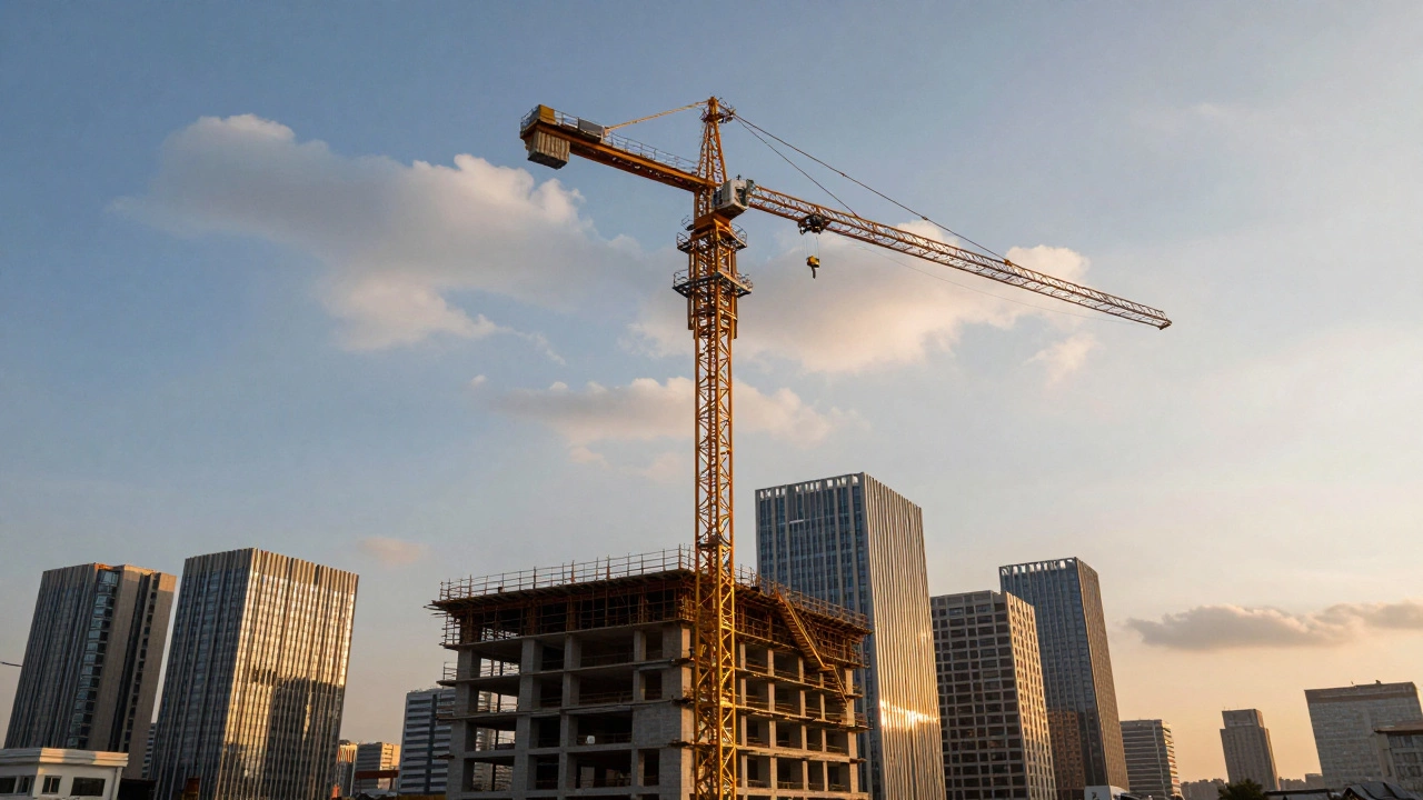 A massive tower crane operating above a city skyline during a golden sunset