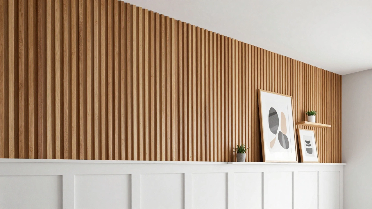 A modern wall combining vertical wooden slats and classic white wainscoting.