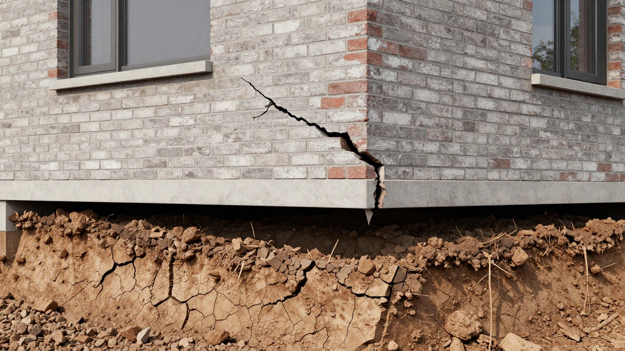A split-view showing a cracked exterior brick wall and the shrinking clay soil beneath the foundation.