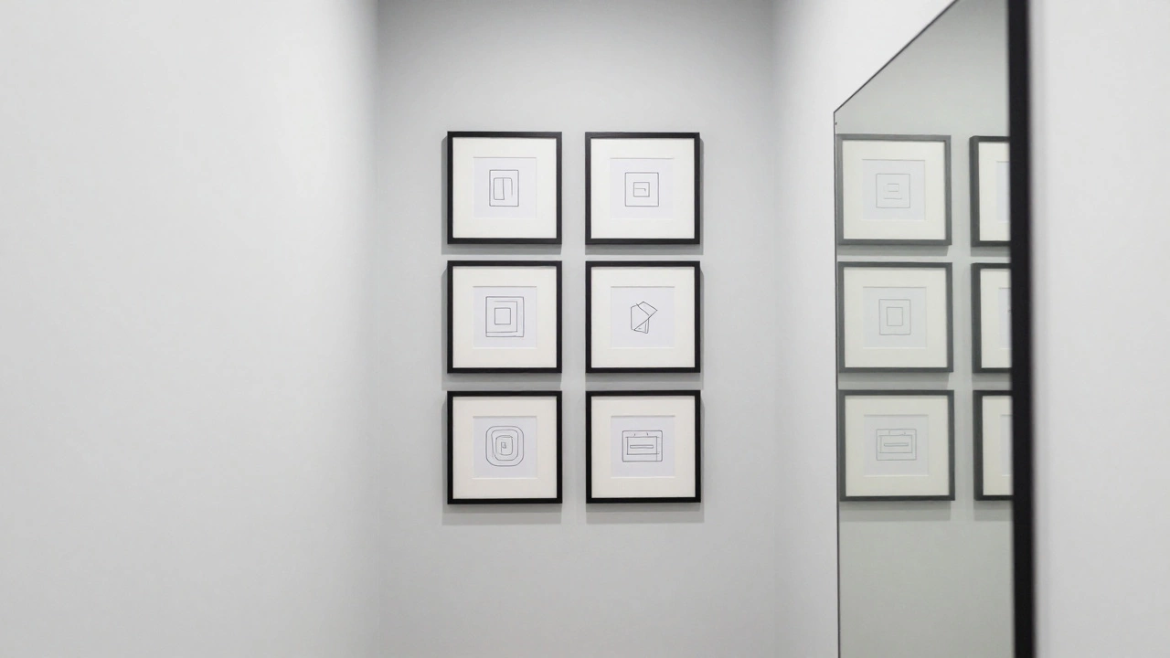 A symmetrical grid of minimalist art and a large mirror in a bright, narrow apartment hallway.