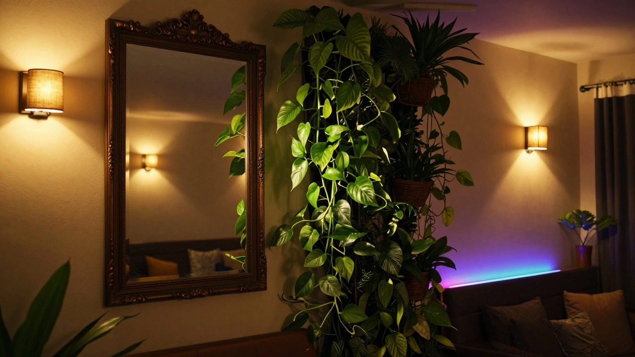 A vertical garden with trailing plants and a large mirror illuminated by warm sconces.
