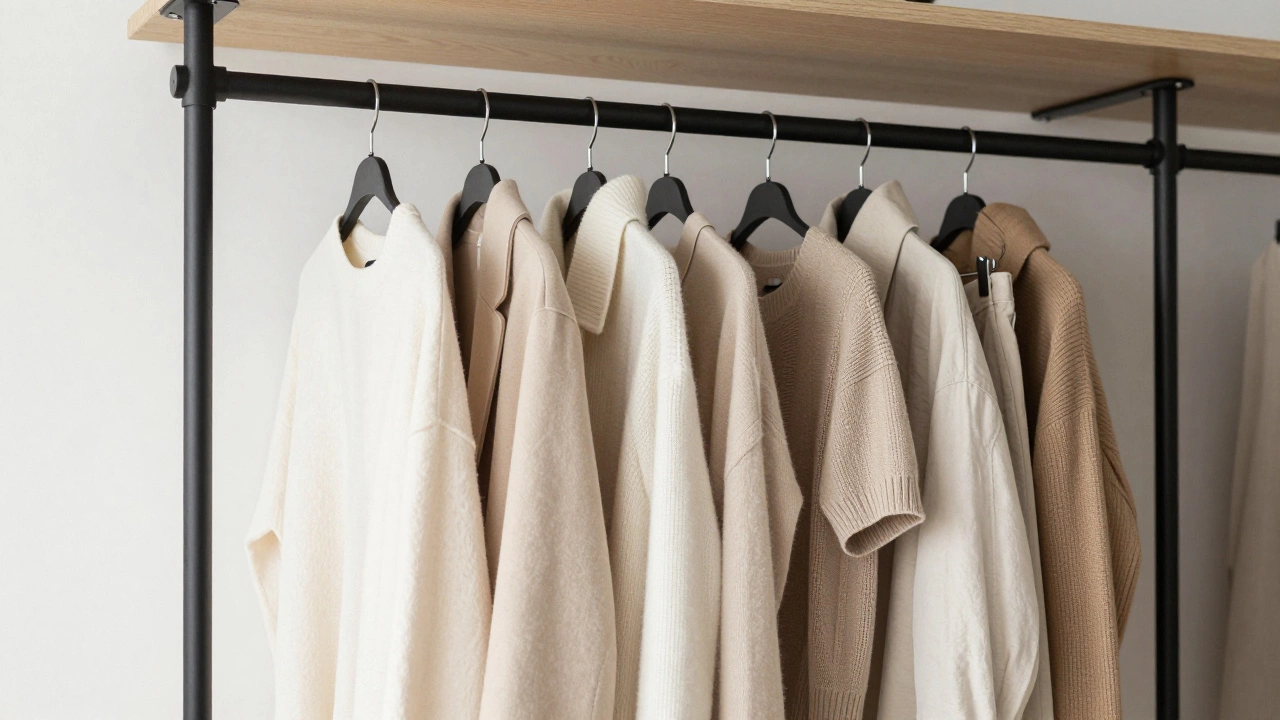 Boutique-style open wardrobe with color-coordinated clothes on a black rail