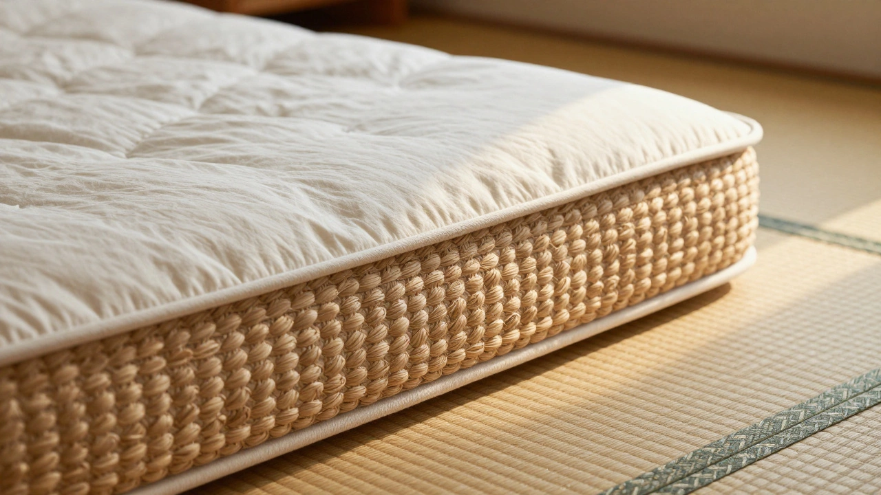 Close-up of a cotton shikibuton mattress resting on a woven tatami grass mat