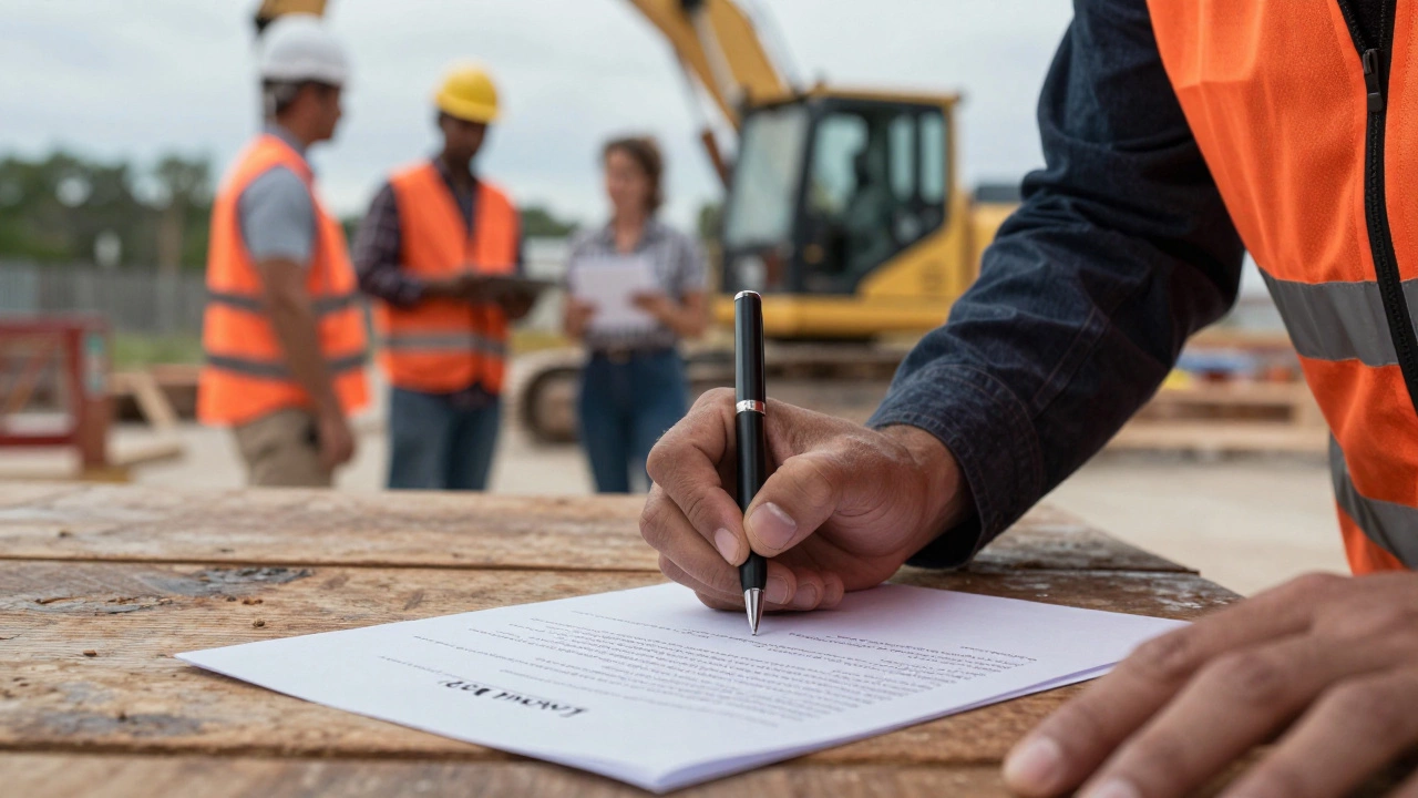 Close-up of a hand signing a lien waiver document on a construction site.