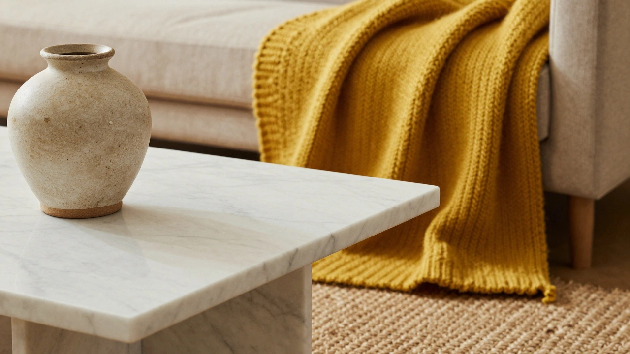 Close-up of a marble table with a chunky knit throw and a jute rug showing contrasting textures.