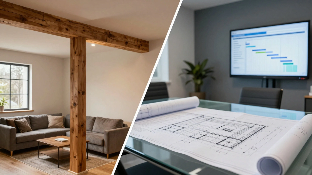 Comparison of a residential home renovation and a corporate construction boardroom.