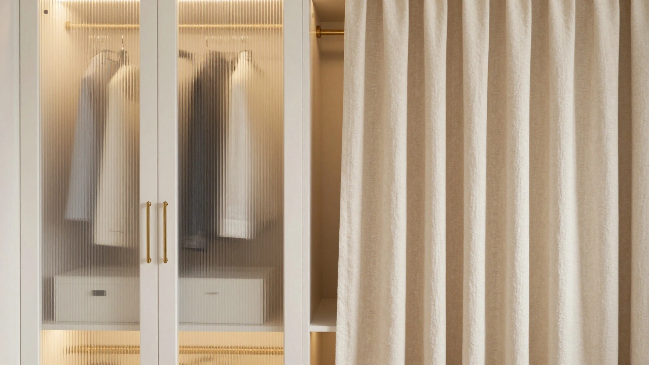 Comparison of fluted glass wardrobe doors and a linen curtain closet cover