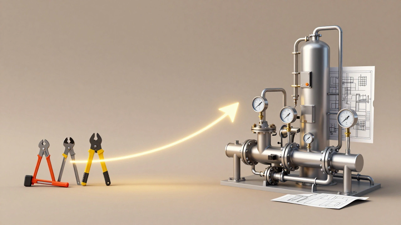 Conceptual image showing the transition from basic tools to complex industrial pipefitting