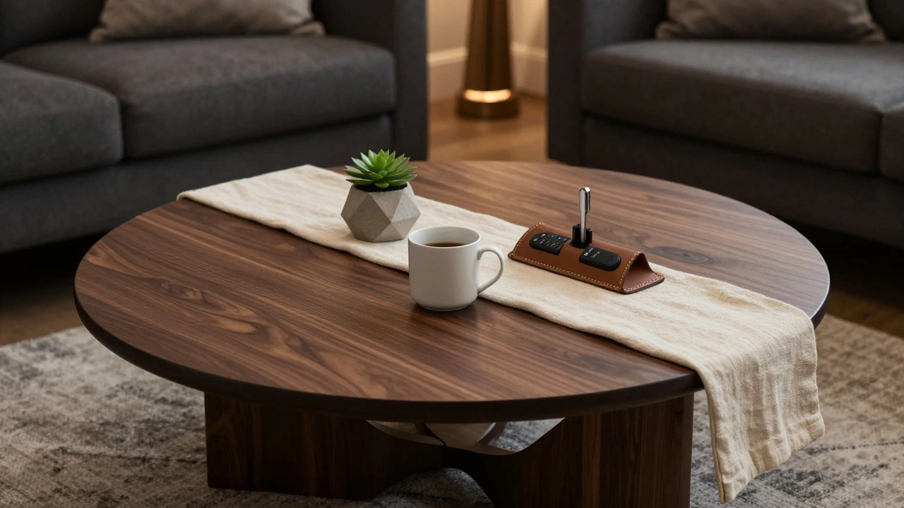 Dark walnut coffee table with a succulent and leather organizer in a C-shaped layout