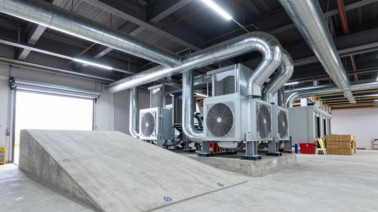Interior of a commercial site showing HVAC ducts and an accessibility ramp.