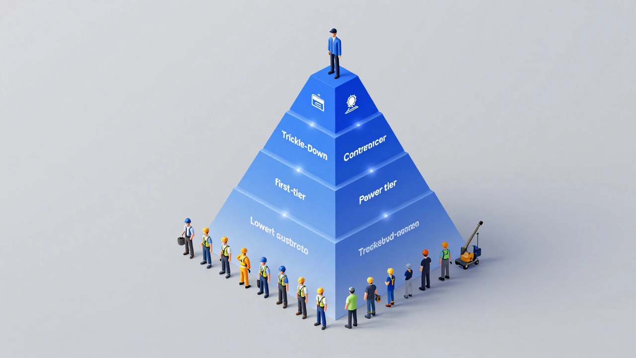 Isometric pyramid diagram showing the hierarchy from owner to lower tier contractors.