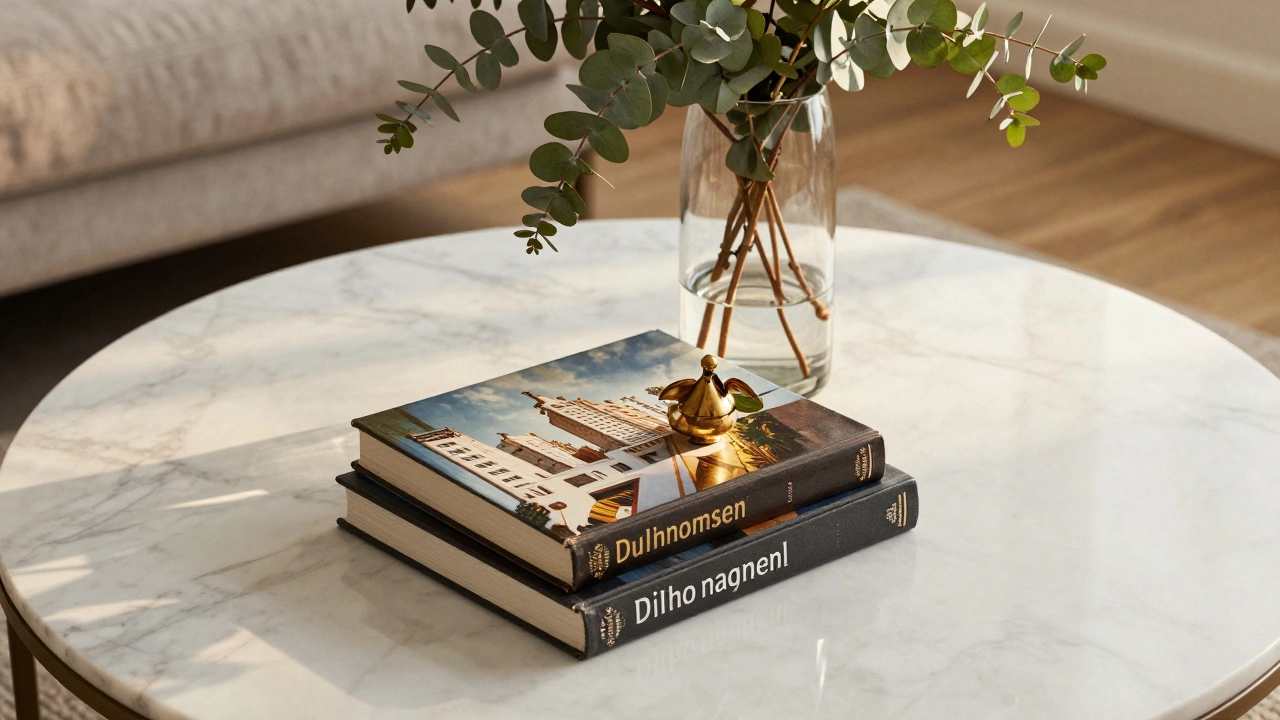Marble coffee table with a stack of books, brass figurine, and eucalyptus vase