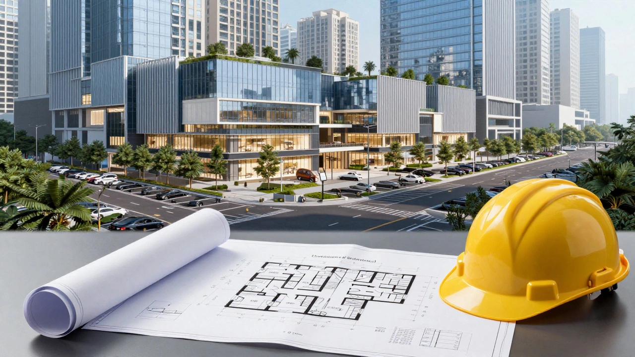 Modern retail building with a planned parking lot and architectural blueprints.