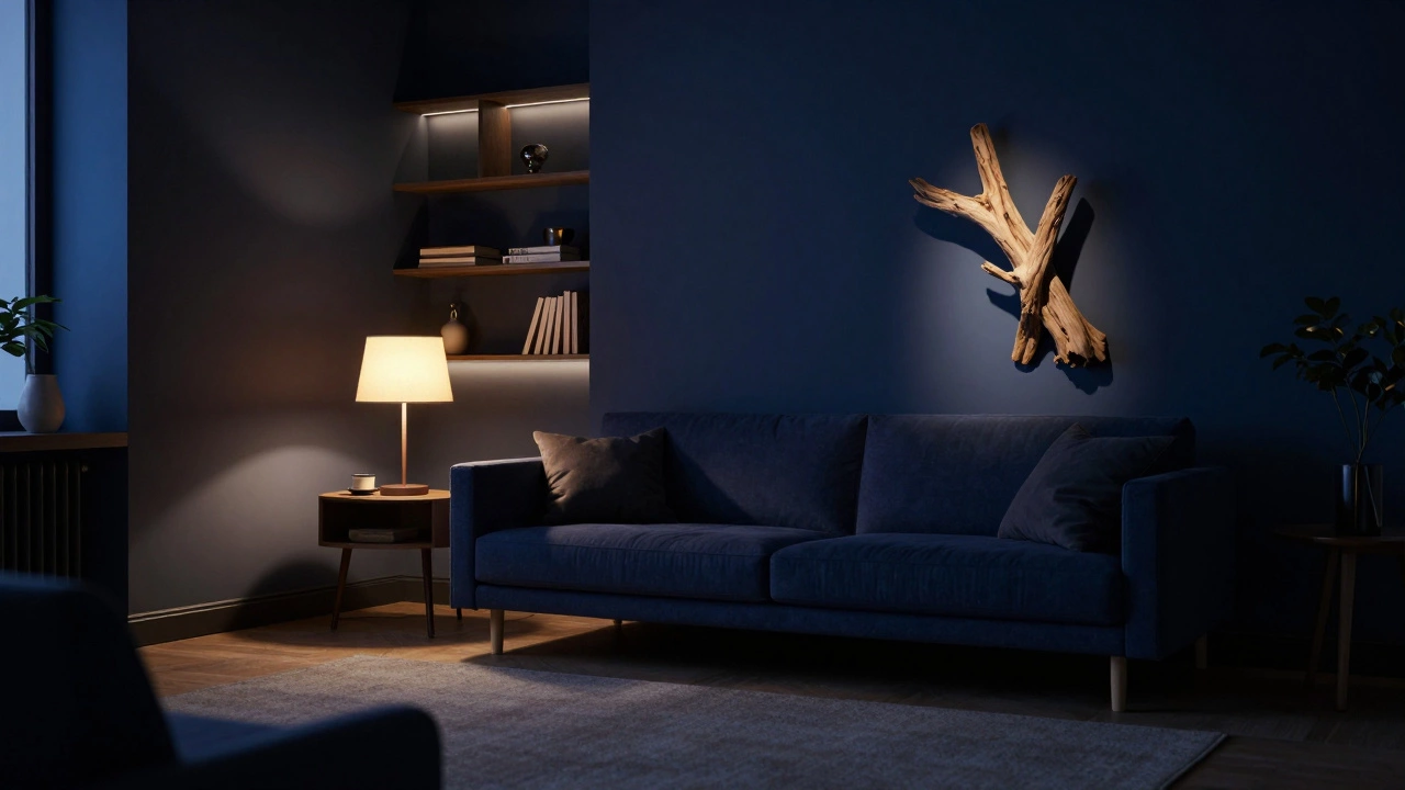 Moody midnight blue living room with layered warm lighting and eclectic decor.