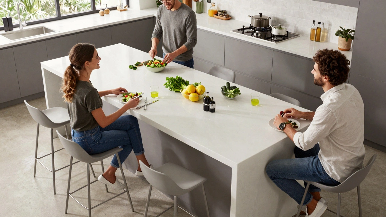 People socializing and preparing food around a large white quartz kitchen island.