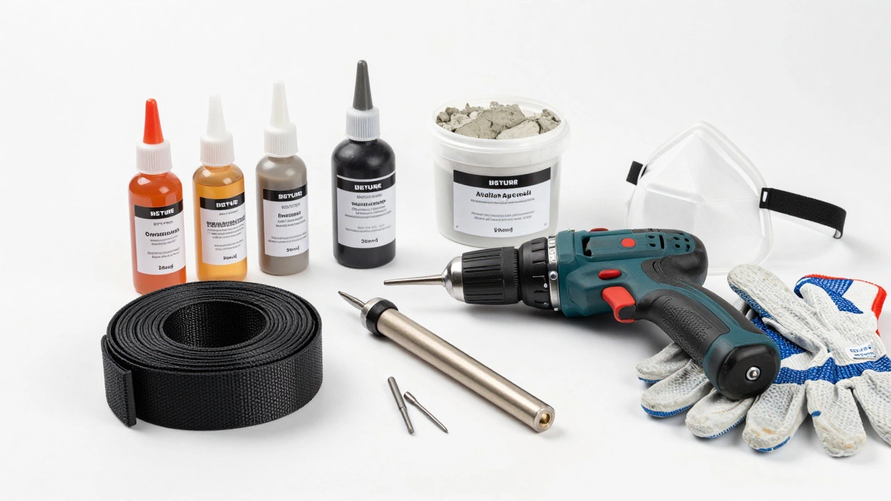 Assortment of DIY foundation repair tools including epoxy kits and carbon fiber straps