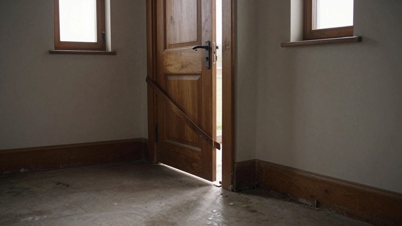 Basement interior with sticking door frame, gaps at baseboards, and slightly bowed walls.