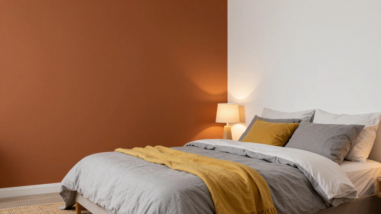Bedroom with a warm yellow accent wall and layered cozy textiles