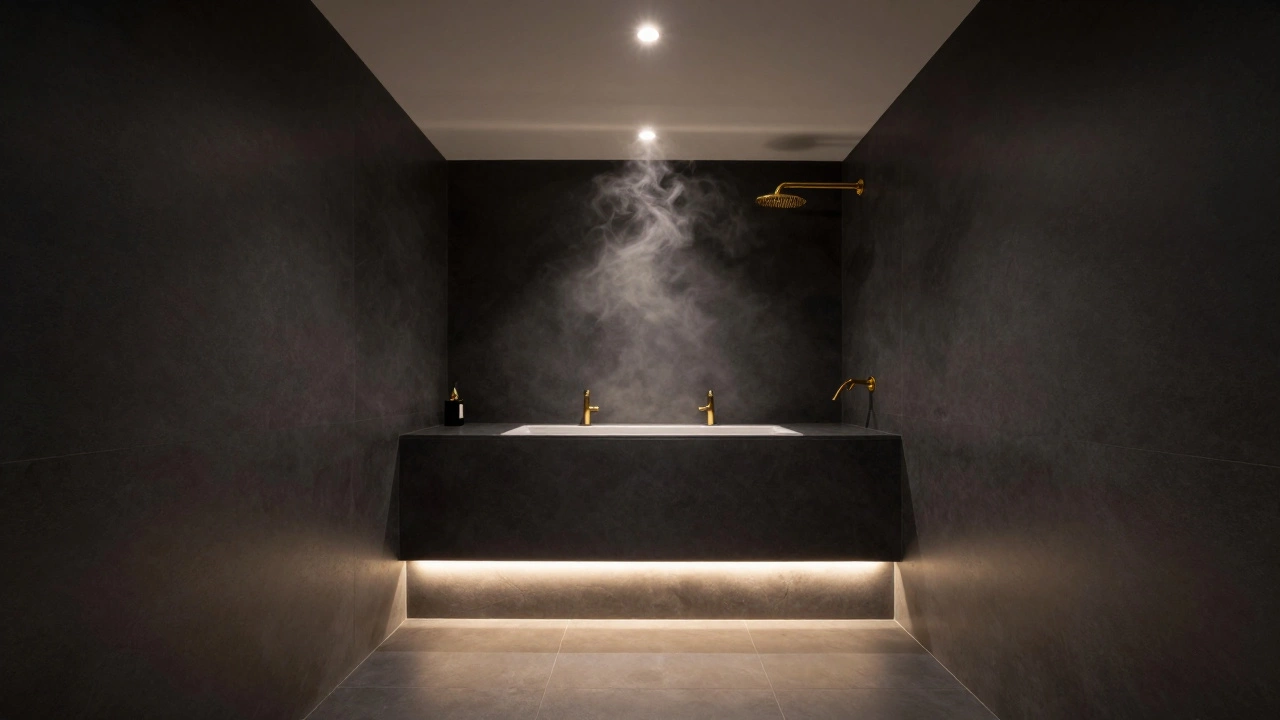 Charcoal gray bathroom with gold fixtures and warm lighting