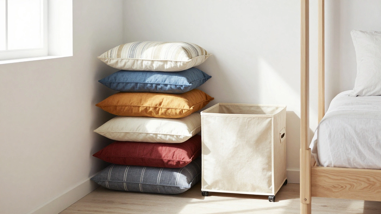 Colorful outdoor cushions stacked vertically in a dry, organized indoor closet