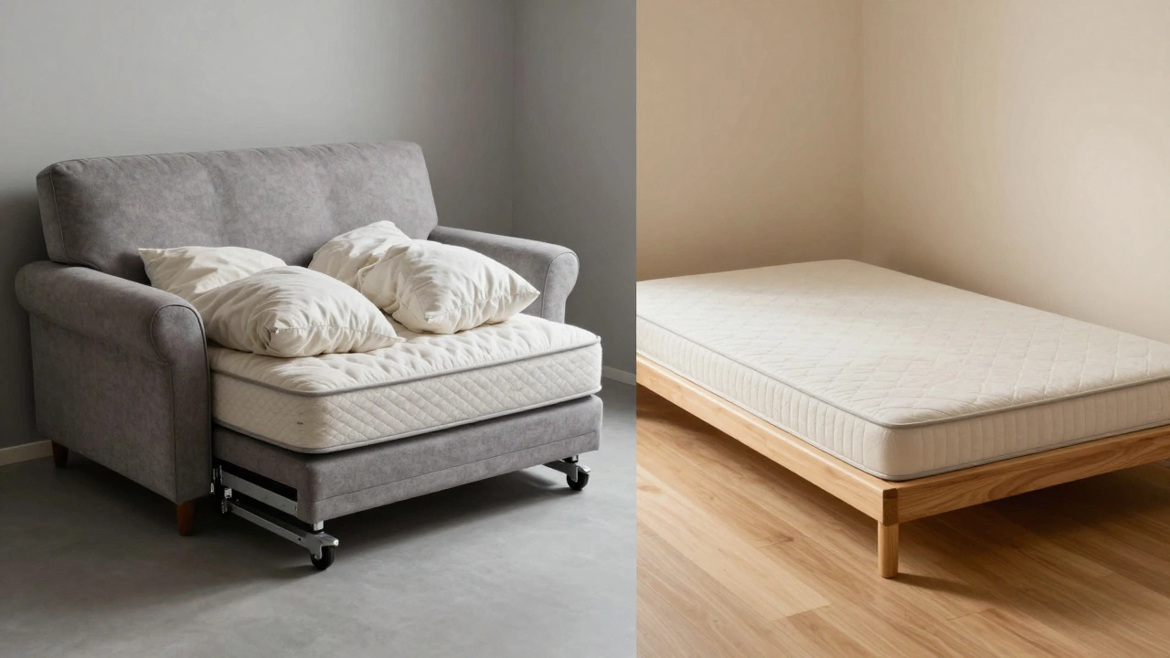 Comparison of bulky Western sleeper sofa vs low Japanese futon frame