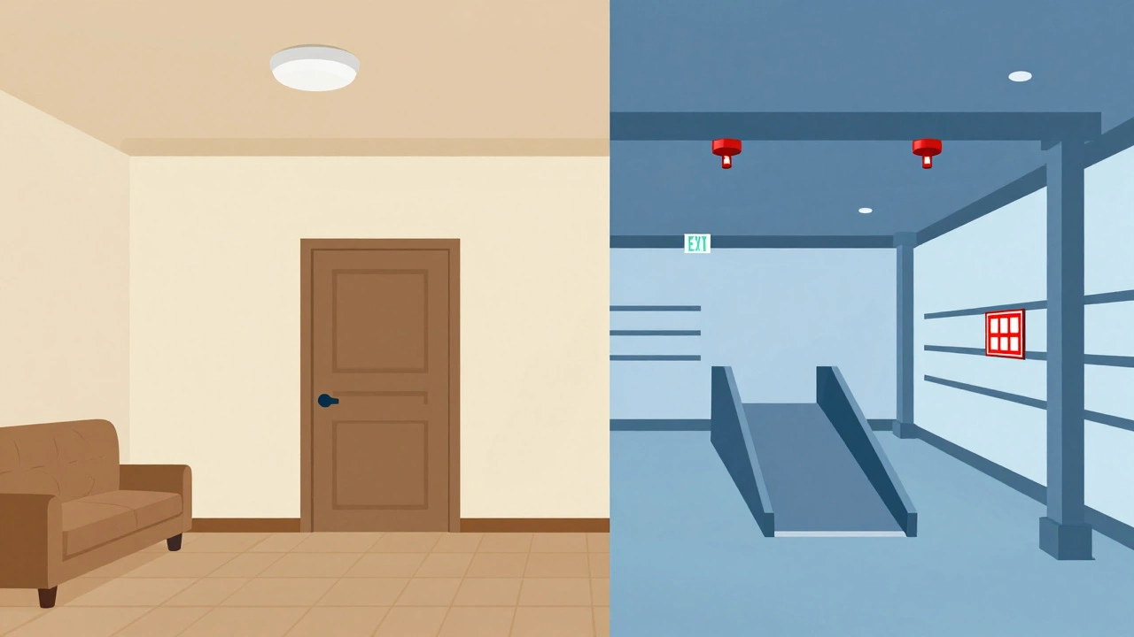 Comparison of residential vs commercial building safety codes and features.