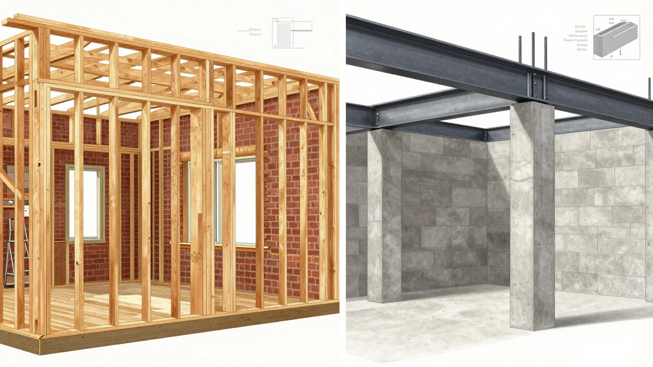 Comparison of wood framing for homes vs steel and concrete for offices.