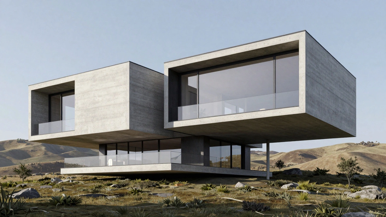Contemporary home with floating cantilevered floors and flat roof on a hillside