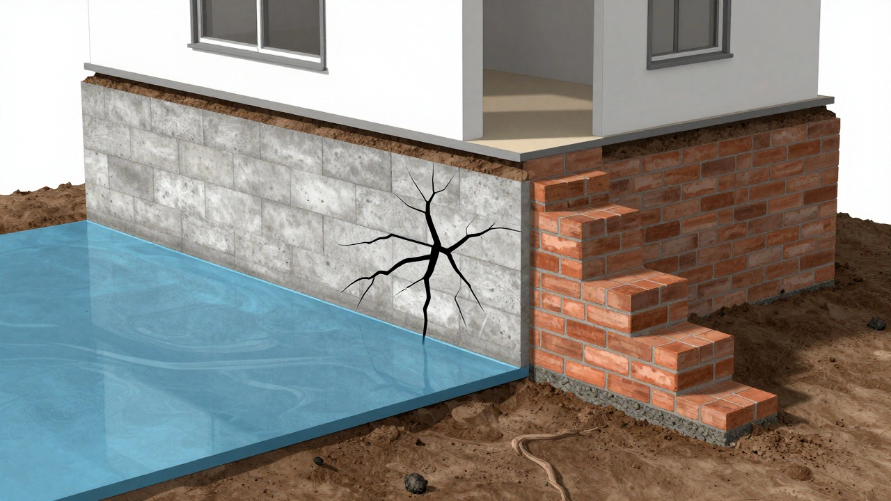 Cross-section diagram showing horizontal cracks and bowing walls from hydrostatic pressure.
