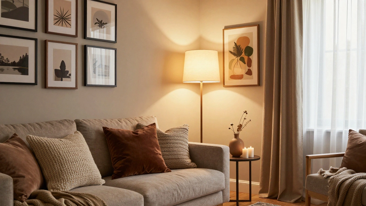 Fully decorated cozy living room with layered lighting and art