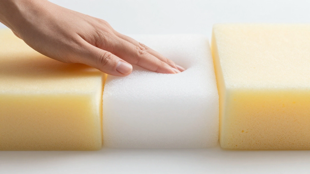 Hand pressing into three types of sofa foam: polyurethane, high-resilience, and latex
