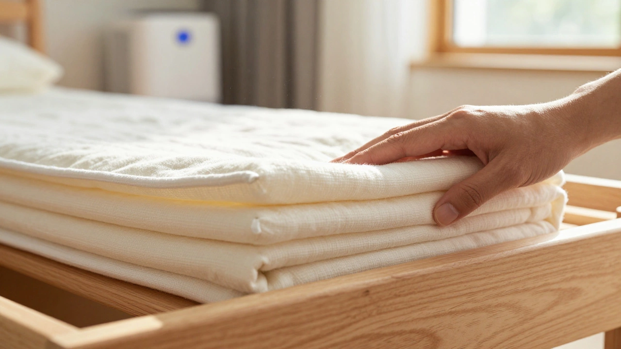 Hands folding a traditional futon mattress into a wooden storage frame