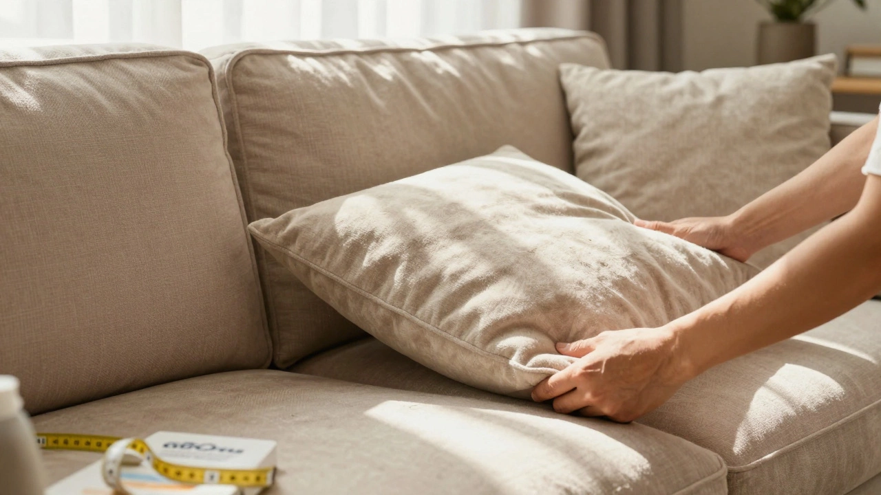 Hands rotating sofa cushions in a sunlit living room to demonstrate maintenance
