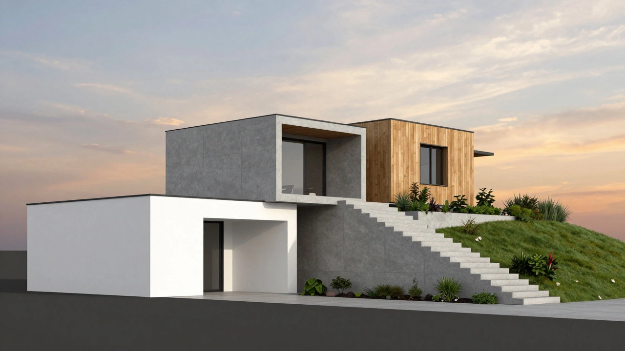 Illustration showing different modern house shapes including box, U-shape, and stepped