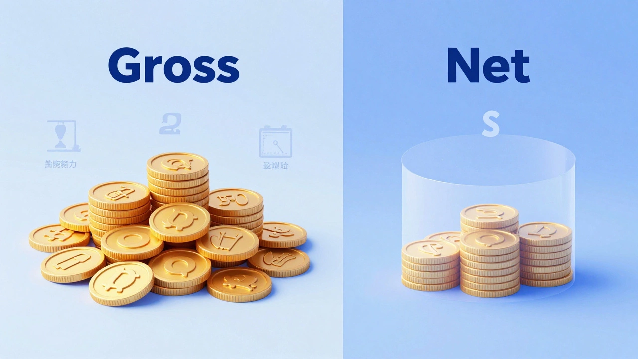 Illustration showing gold coins being reduced by overhead costs to show net profit.