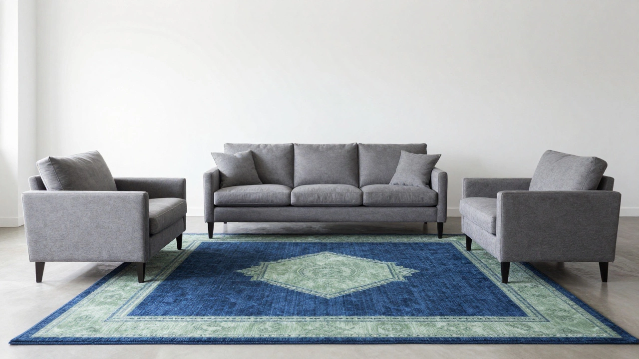 Living room with sofa and rug placed before painting walls