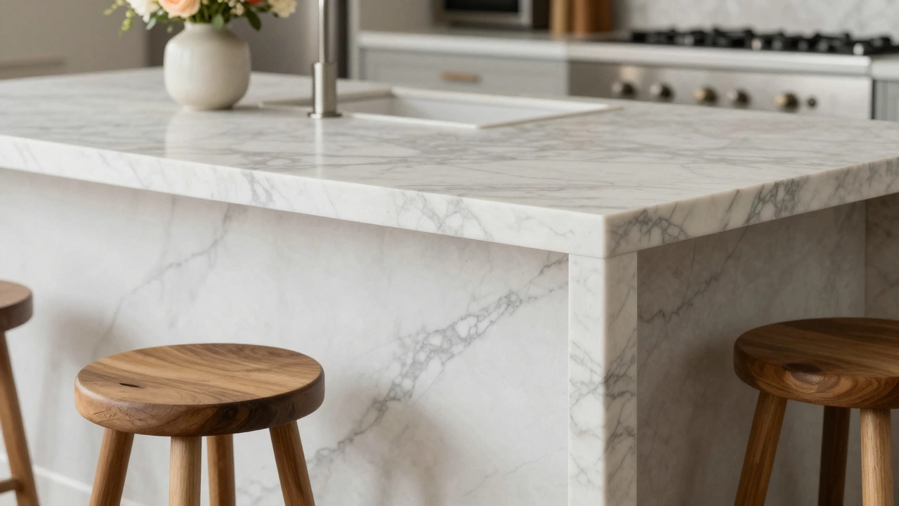 Luxurious kitchen island with honed Carrara marble countertops and stools