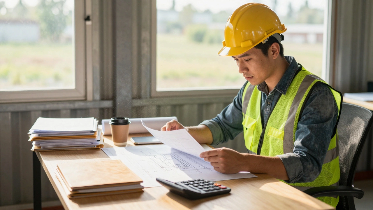 Manager reviewing blueprints and calculations in a sunny construction site office.