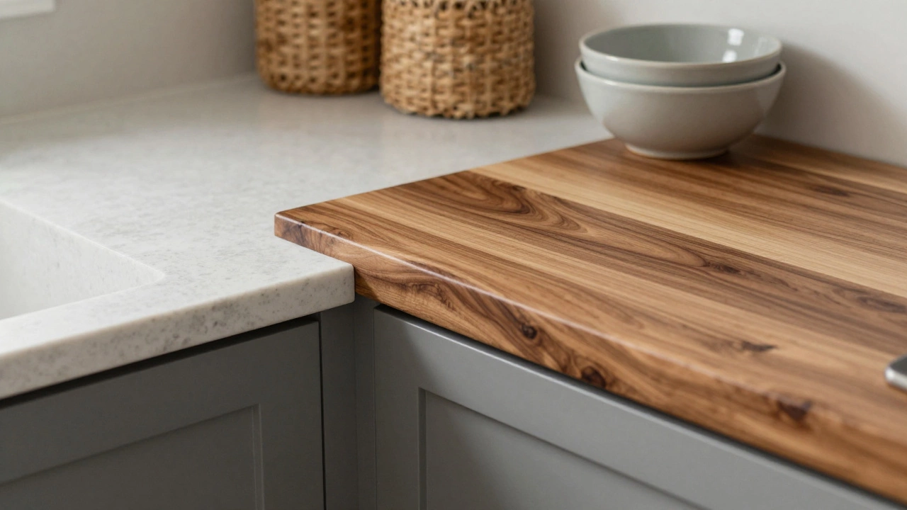 Mixed material kitchen counter combining quartz and butcher block wood
