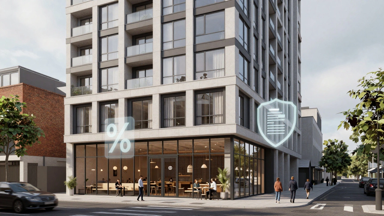 Mixed-use building illustrating zoning, taxes, and permit complexities.