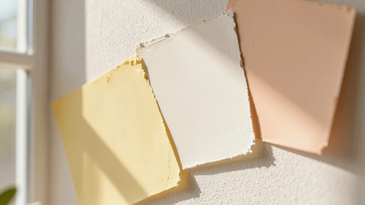 Paint swatches of yellow, white, and peach tested on a wall in sunlight