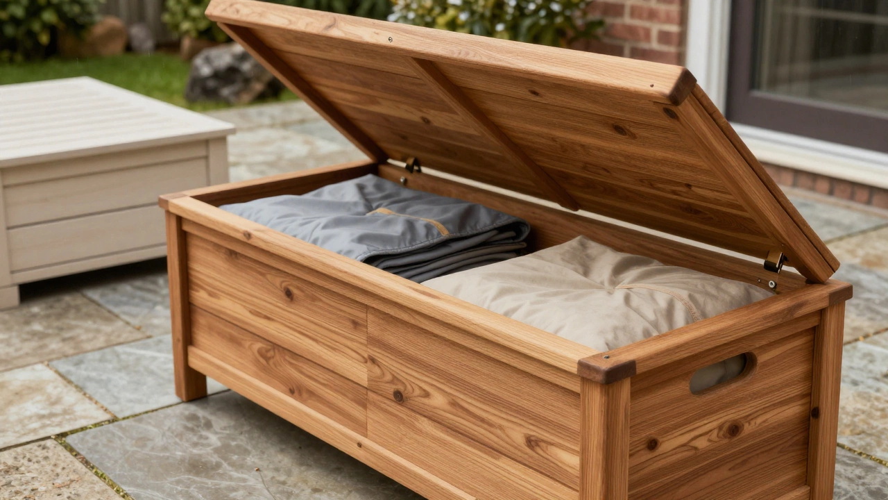 Teak outdoor storage bench with lid open showing stored cushions on a patio