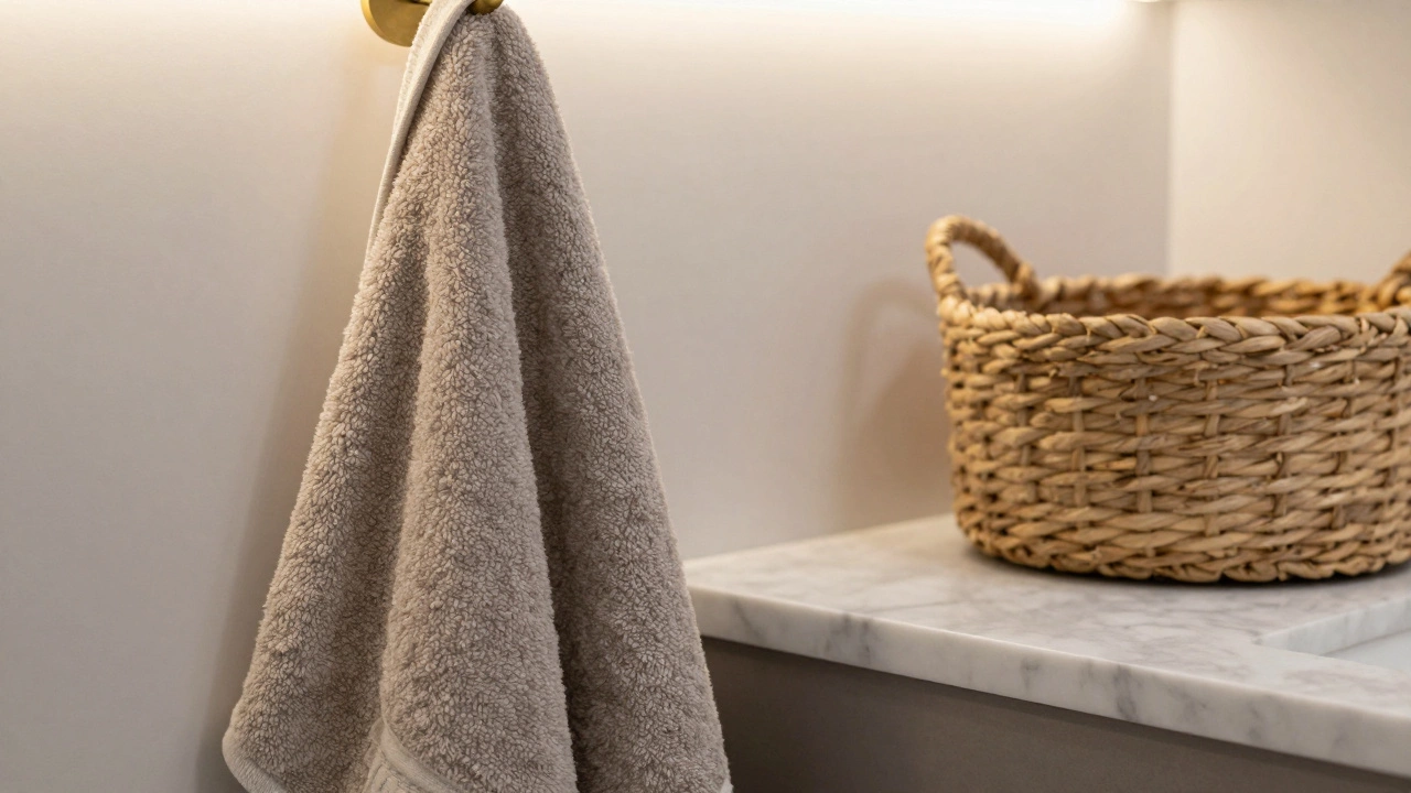 Warm neutral textures including linen towels and marble