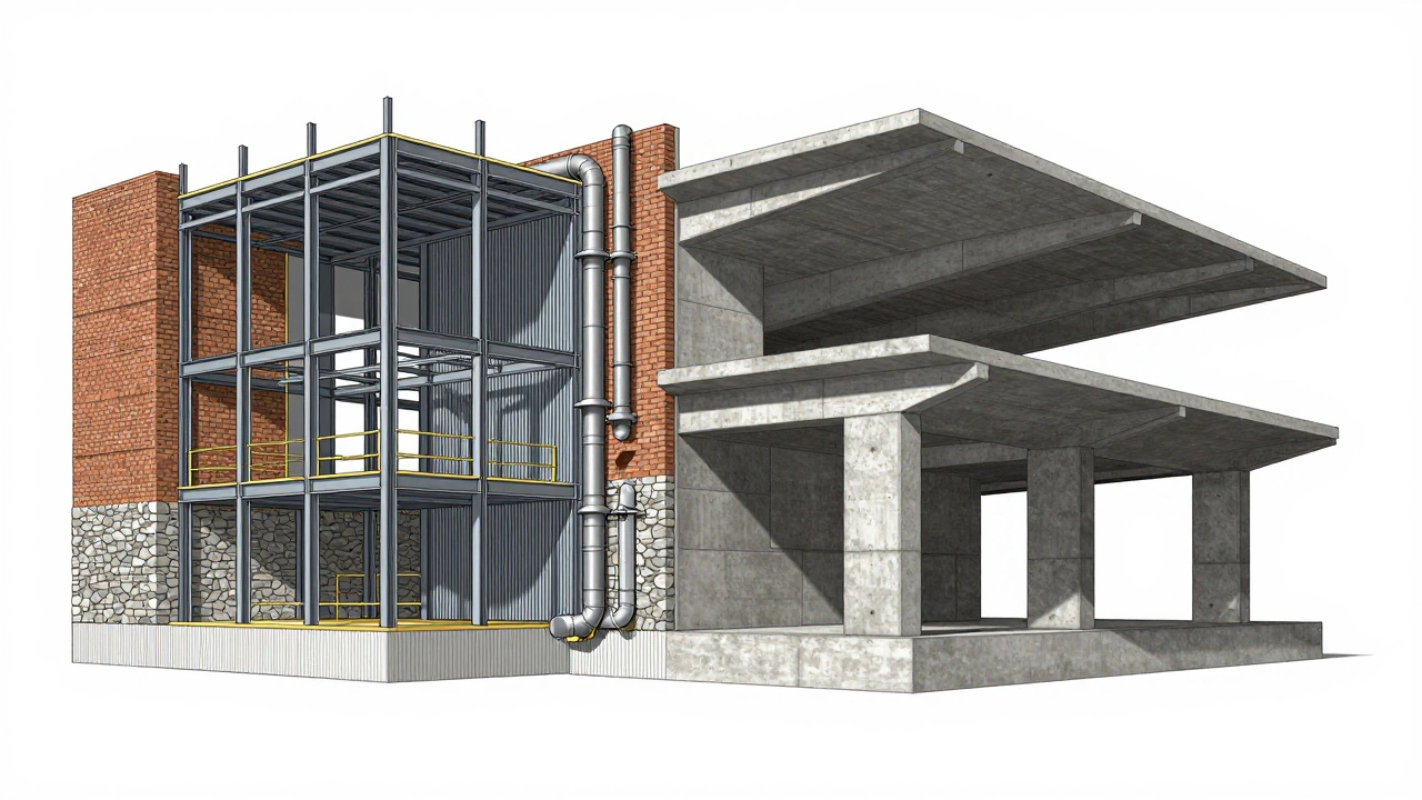Architectural cross-section showing commercial vs industrial structural materials.