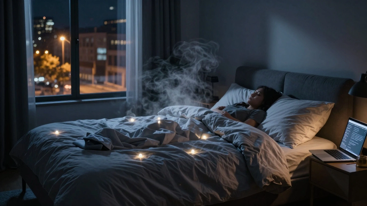 Bedroom at night with disruptive LED lights and trapped heat haze