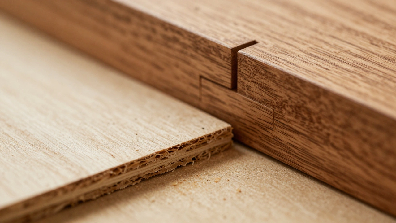 Close-up comparing particleboard texture with solid wood dovetail joints