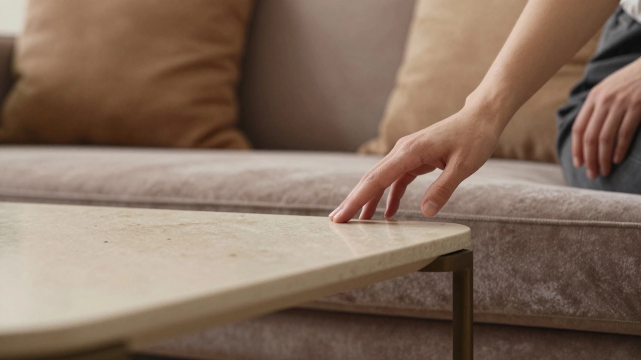 Close-up of sofa cushion aligned with coffee table height