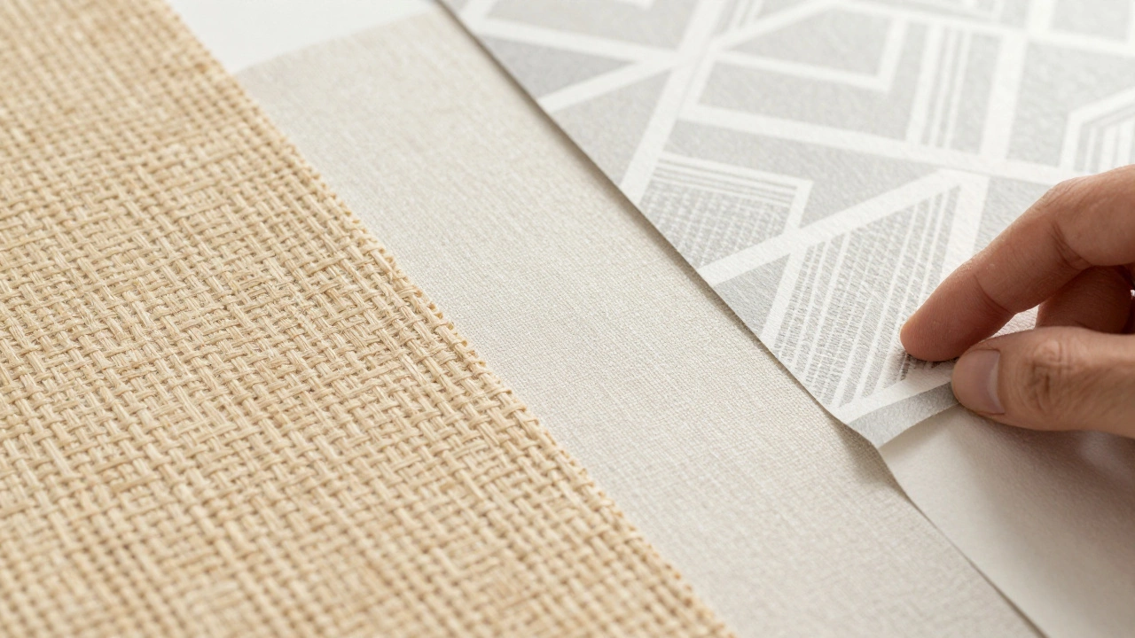 Close up of textured grasscloth and linen wallpaper samples
