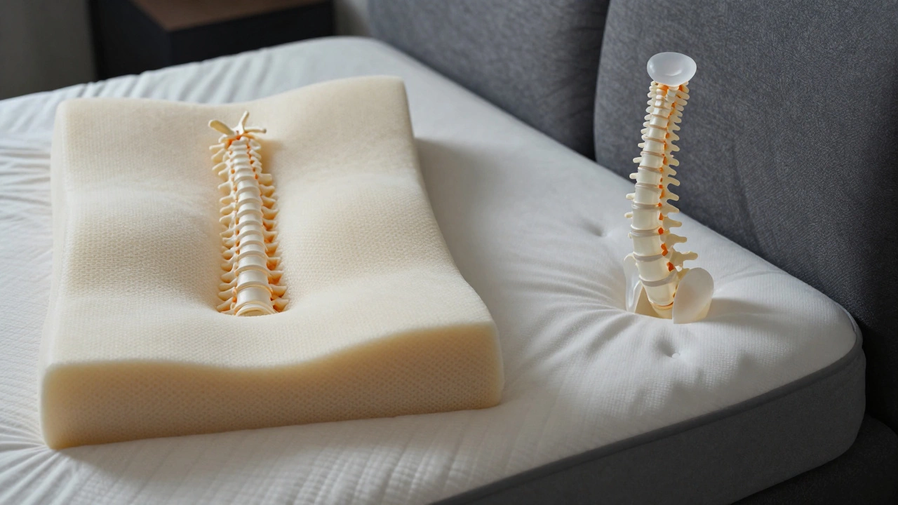 Comparison showing spinal alignment on a firm sofa versus a sagging mattress